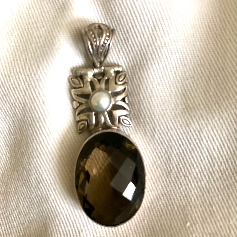 Smokey Quartz /topaz silver and pearl pendant